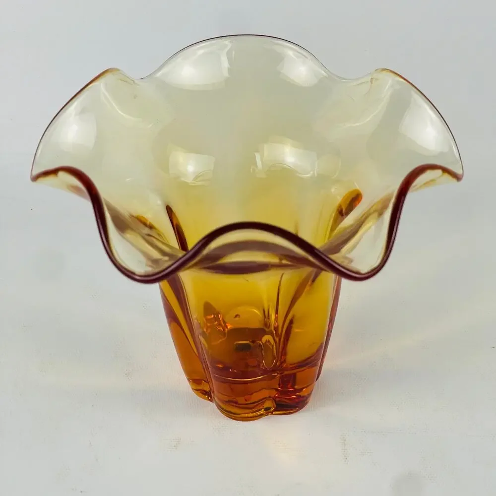 Tiffen Glassware Amber Ruffle Glass Vase or Candle Holder 6” W x 4 5/8” H